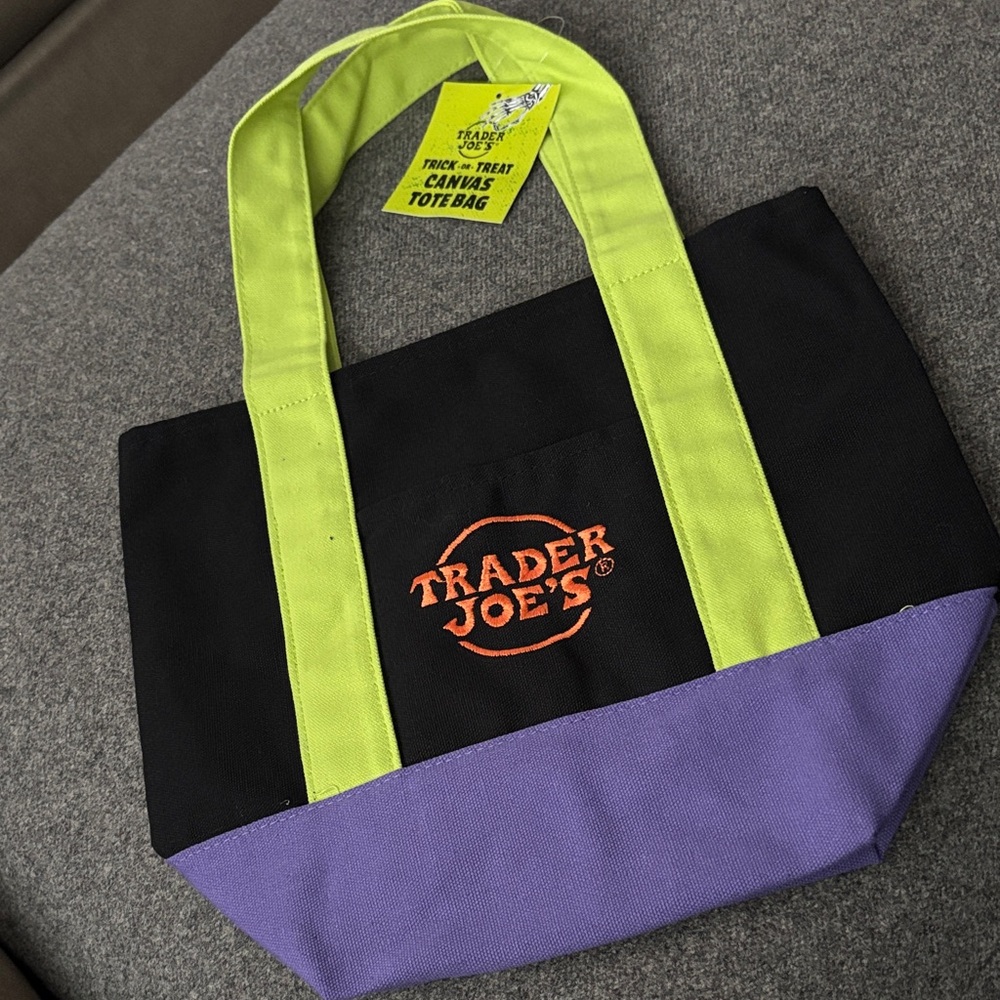 TRADER JOE’s HALLOWEEN TOTE Black, Neon Green and Purple Canvas BAG